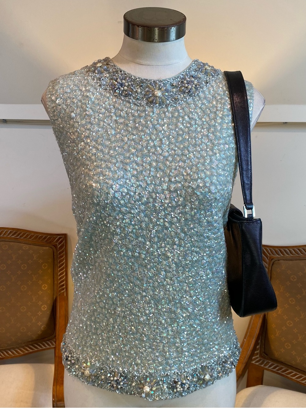 Vintage 60s Cardell Import British Crown Aqua Blue Sequin Beaded Tank Top Glam M